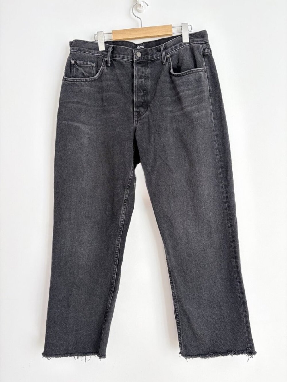 GRLFRND Helena Grunge Washed Black High Rise Straight Raw Hem Jeans 32